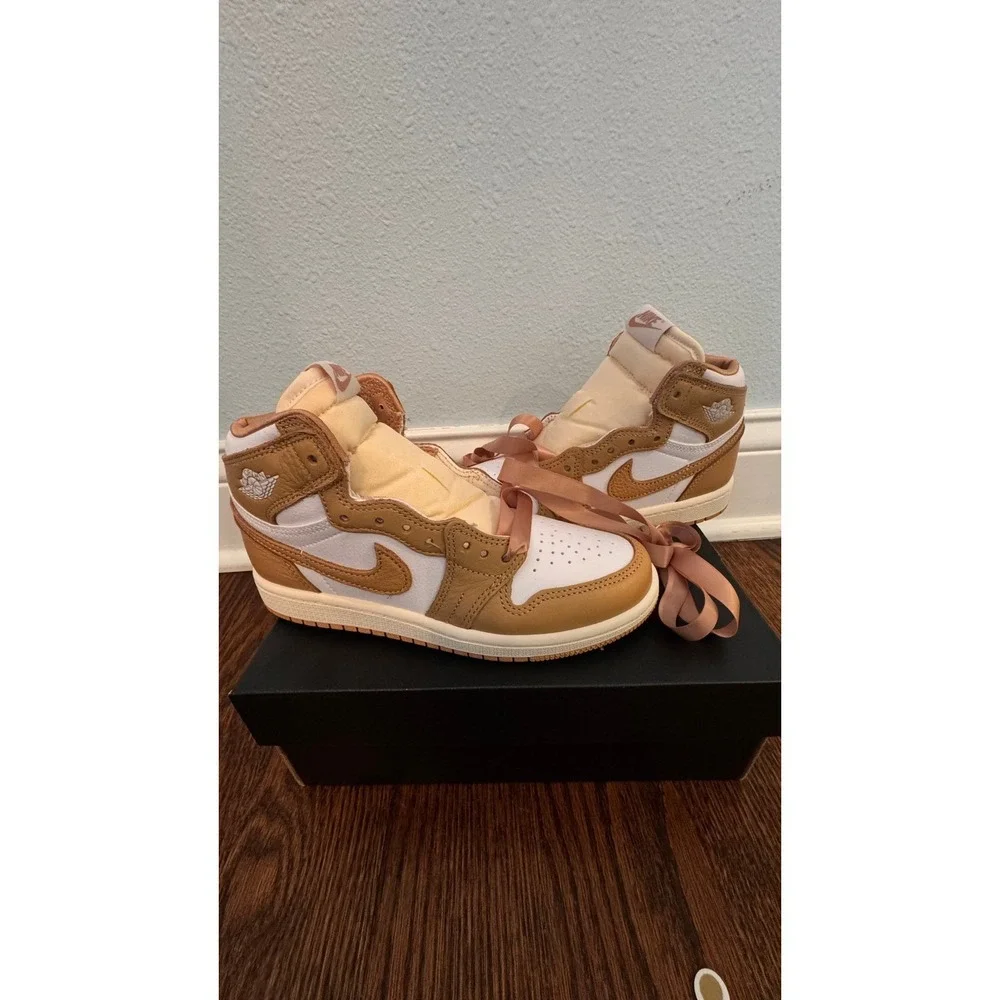 Nike Air‎ Jordan 1 Mid Youth Sneakers – Tan / White with Satin Ribbon Laces 1Y